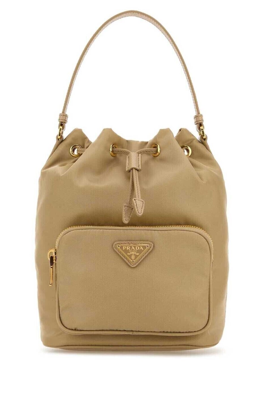 Prada Duet Tessuto Drawstring Bucket Shoulder Bag Tan
